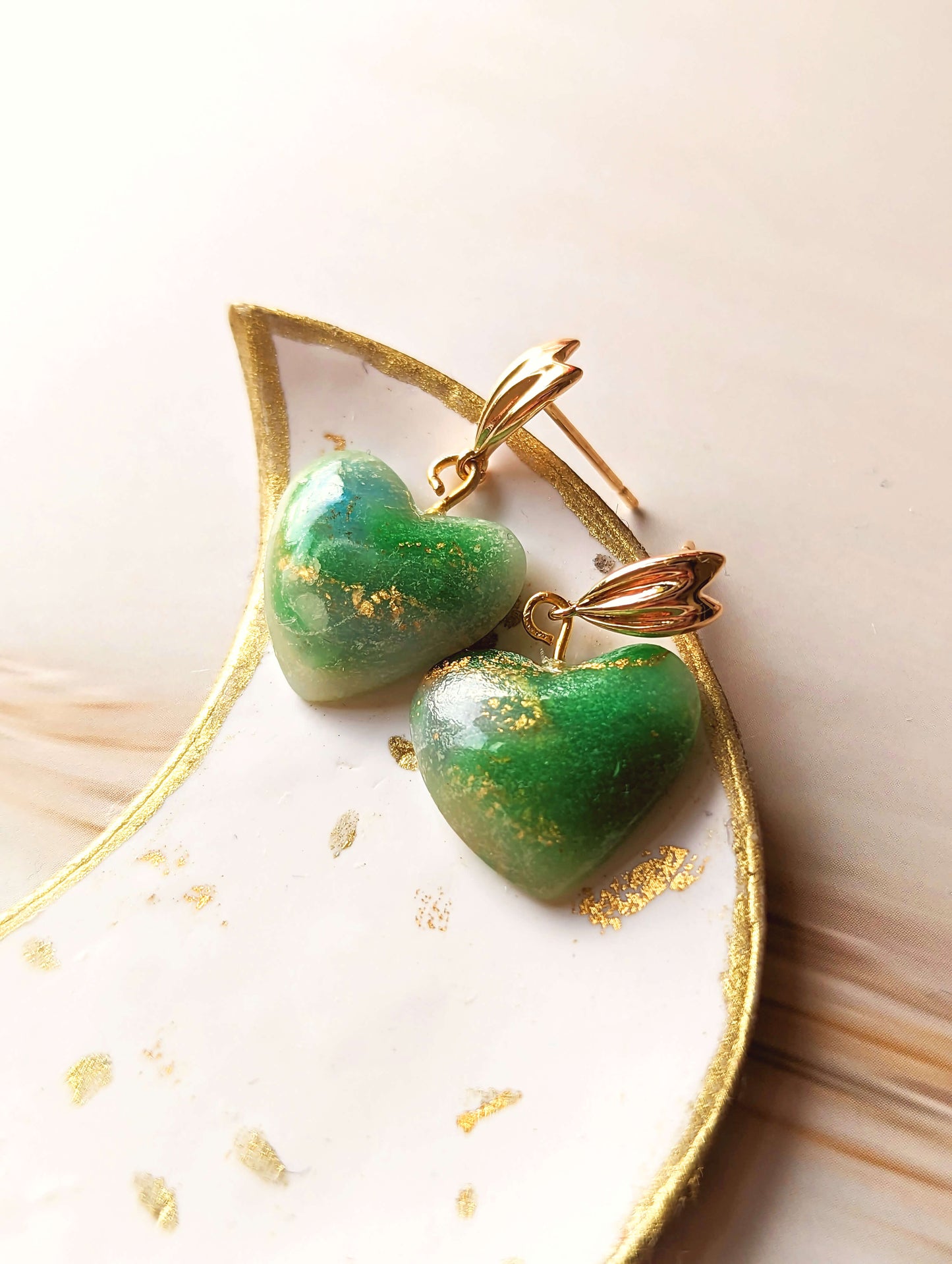 Emerald Green & Gold Heart Earrings and Pendant